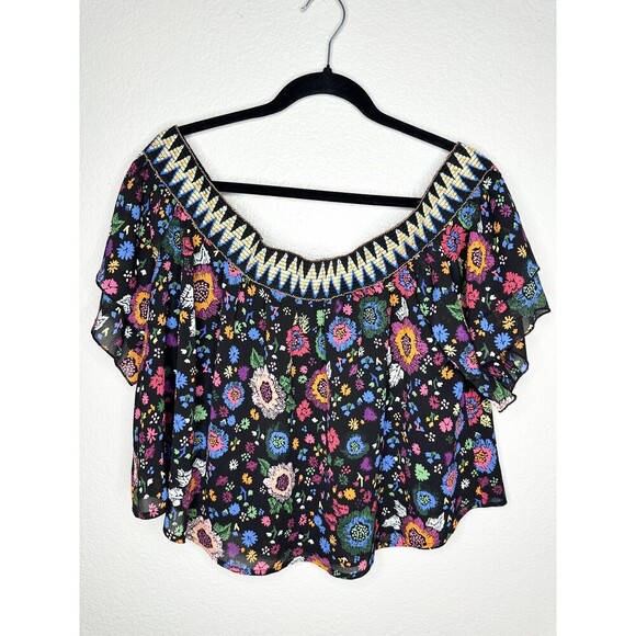 Guess Tops - Guess Blouse Womens Large Black Floral Off Shoulder Embroidered Smocked Boho